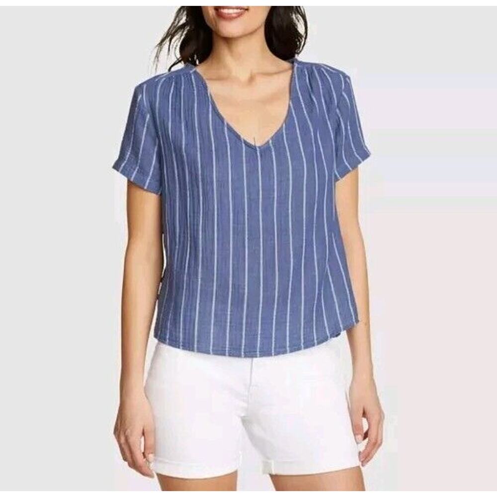 Eddie Bauer Carry On Shirred Short Sleeve Shirt XL Bluebird Boxy Relaxed Fit NEW - Picture 3 of 14